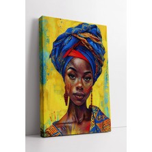 Mushen Studio Sarı Fonlu Mavi Desenli Başörtülü Afrika Kadın Portresi Renkli Modern Kanvas Tablo Duvar Dekoru Salo