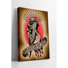 Mushen Studio Barber Makinesi Tutan El Çizimli Old School Tattoo Stilinde Retro Dekoratif Kanvas Tablo Duvar Dekor