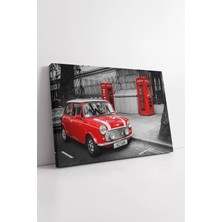 Mushen Studio Kırmızı Mini Cooper ve London Telefon Kulübeleri Siyah Beyaz Sokak Şehir Manzarası Kanvas Tablo Duva