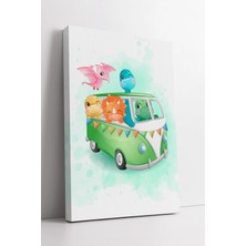 Mushen Studio Yeşil Karavan Içinde Sevimli Dinozorlar Çocuk Odası Dekoratif Modern Kanvas Duvar Tablo Modeli Kanva