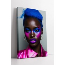 Mushen Studio Mavi Saçlı Afrikalı Kadın Portresi Neon Renkli Modern Pop Art Tarzı Kanvas Tablo Duvar Dekoru Salon
