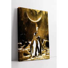 Mushen Studio Altın Ay Işığı ve Penguenler Temalı Buzul Manzara Gece Gökyüzü Tasarımlı Modern Kanvas Tablo Duvar D