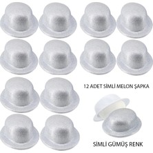 Aesco Gümüş Renk Simli Melon Yuvarlak Parti Şapkası 12 Adet