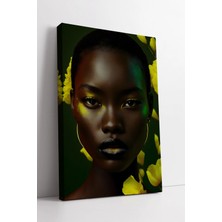Mushen Studio Yeşil Çiçekli Afrikalı Kadın Portresi Modern Sanat Eseri Dekoratif Doğal Kanvas Tablo Duvar Dekoru S