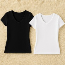 QKK Kadın Modal Pamuklu Likralı Yarım Kol V Yaka 2'li Atlet T-Shirt Q6K6K1T6KA