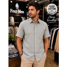 Eren Style Linen Keten Klasik %100 Cotton  Kısa Kollu Ekose Pamuklu Tek Cepli Terletmeyen Gömlek