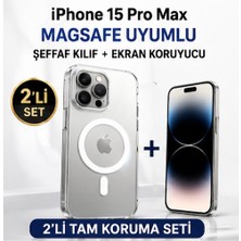 Yağızgil iPhone 15 Pro Max Kılıf Magsafe Uyumlu Şeffaf Kılıf 9h Temperli Kırılmaz Cam Ekran Koruyucu 2'li Tam Koruma Set