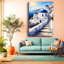 Tablofest Dikey Kanvas Tablo Santorini Adası ve Merdivenli Evler Şehir ve Mimari Tablo Ev Ofis Duvar Dekoru