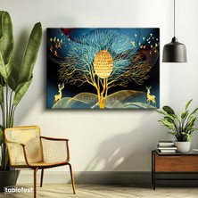 Tablofest Yatay Kanvas Tablo Altın Ağaç ve Geyik Silüeti Modern Sanat Tablosu Ev Ofis Duvar Dekoru