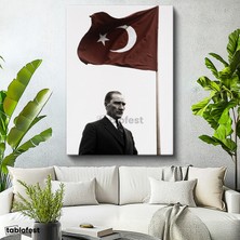 Tablofest Dikey Kanvas Tablo Atatürk ve Dalgalanan Türk Bayrağı Atatürk Tablosu Ev Ofis Duvar Dekoru