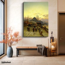 Tablofest Dikey Kanvas Tablo Eski Istanbul Köprüsü ve Halk Osmanlı Tablosu Ev Ofis Duvar Dekoru