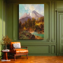 Tablofest Dikey Kanvas Tablo Andreas Achenbach Dağlık Manzara Köprülü Dere Ressam Tablosu Ev Ofis Dekoru