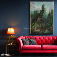 Tablofest Dikey Kanvas Tablo Hubert Robert Antik Tapınak Figürlü Göl Manzarası Ressam Tablosu Ev Ofis Dekoru