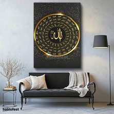 Tablofest Dikey Kanvas Tablo Esmaül Hüsna Yuvarlak Tasarım Siyah Fon Dini Islami Tablo Ev Ofis Duvar Dekoru