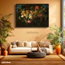 Tablofest Yatay Kanvas Tablo Jan Van Huysum Meyve ve Çiçek Garlandı Mavi Kurdele Ressam Tablosu Ev Ofis Dekoru