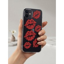 Cm Store iPhone 12 Kırmızı Dudak / Öpücük Desenli Şeffaf Telefon Kılıfı