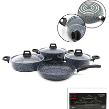 Shopwave Gri 7 Parça Granit Tencere - Tava Seti 20-24CM Derin - 27CM Basık Cam Kapak Tencere - 26CM Tava (5047)