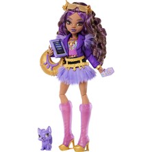 Uravas Store Monster High Mor Motosiklet Ceketi ve Tüylü Etek Giyen Monster High Clawdeen Wolf Bebek, Kurt Crescent ve Kitap, Kruvasan ve Çanta Gibi 7 Aksesuar, JHK30