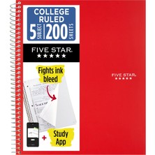 Uravas Store Five Star Spiral Defter + Çalışma Uygulaması, 5 Konu, Kolej Çizgili Kağıt, Mürekkep Kanamasıyla Mücadele, Suya Dayanıklı Kapak, 200 Yaprak, Kırmızı (72077)