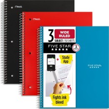 Uravas Store Five Star Spiral Defterler, 3 Paket, 3 Konu, Geniş Çizgili Kağıt, 25,7 cm x 20,3 Cm, Mavi, Kırmızı ve Siyah (930081)