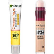 Uravas Store Garnier C Vitamini Günlük Uv Korumalı Güneş Yüz Kremi SPF50 Görünmez Doku 40ML & Maybelline New York Instant Anti Age Eraser Kapatıcı, 01 Light, 6.8 ml
