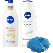 Uravas Store Q10 Sıkılaştırıcı Vücut Losyonu 400ML ve Creme Soft Kremsi Dokunuş Duş Jeli 500ML, Banyo Lifi Hediye