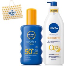 Uravas Store Nıvea Sun Güneş Koruyucu Vücut Spreyi 200ML SPF50 ve Q10 Sıkılaştırıcı Vücut Losyonu 200ML, Çanta Hediye