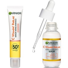 Uravas Store Garnier C Vitamini Parlak Günlük Uv Korumalı Güneş Yüz Kremi SPF50 Işıltılı Doku 40ML & C Vitamini Parlak Süper Aydınlatıcı Serum (30 Ml) Cilt Bakım Seti