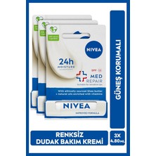 Uravas Store Nıvea Renksiz Dudak Bakım Kremi Med Repair, 24 Saat Nem, SPF15, 4.8ml x 3 Adet
