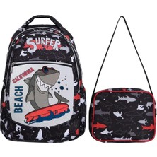 Uravas Store Tahticmer Ilkokul Okul Sırt Çantası Kız Erkek Unisex Beslenme Çantalı Ortopedik 2li Set Köpek Balığı Siyah
