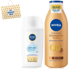 Uravas Store Nıvea Sun Hafif Dokulu Yüz Kremi 40ML SPF50 ve Q10 Sıkılaştırıcı Bronzluk Vücut Losyonu 200ML,ÇANTA Hediye
