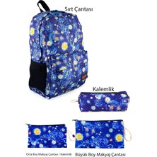 Uravas Store 4'lü Set Yıldızlı Gece Desenli Sırt Çantası Kalemlik Makyaj Çantası Büyük Boy Makyaj Çantası