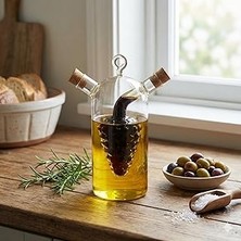 Uravas Store Deconox 2'si 1 Arada Cam Yağlık ve Sirkelik - Iç Içe Geçmeli Çift Hazneli Dekoratif Sosluk - Mantar Kapaklı Zeytinyağı ve Sirke Şişesi (240ML + 60ML)