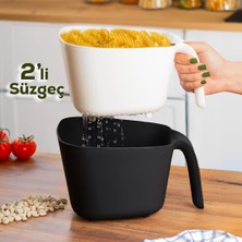 Uravas Store Porsima G-577 2 Parça Plastik Süzgeç Çok Amaçlı Makarna Meyve Sebze Pirinç Yıkama Süzgeci Siyah Beyaz