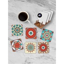 Uravas Store Postermanya (PSTER21257) Etnik Mandala Desenli Standlı Ahşap Bardak Altlığı Seti, 6 Adet Baskılı Bardak Fincan Kahve Altlığı