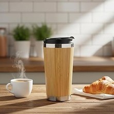 Uravas Store Deconox 450 ml Bambu Kaplama Tabanlı Çelik Termos - Sıcak ve Soğuk Tutucu Gümüş Renkli Seyahat Bardağı (Mug)