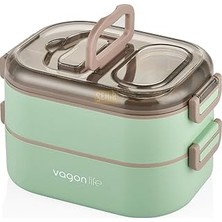 Uravas Store Vagonlife Bento 1000ML Lunchbox Çift Katlı 3 Bölmeli Çelik Sefer Tası Yemek Kutusu (Yeşil)