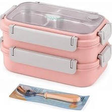Uravas Store 1200 ml Iki Kat Üç Bölme Paslanmaz Çelik Bento Lunch Box Yeni Nesil Sefer Tası Çelik Kaşıklı -22FF15