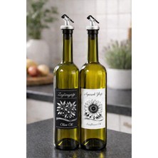 Uravas Store Zeytinyağı ve Ayçiçek Yağı Şişesi Seti, Beyaz Etiket ve Yağdanlık Aparatlı, 750 Ml, 2 Adet, Yeşil Cam Şişe (Standsız, Gri)