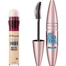 Uravas Store Maybelline New York Lash Sensational Yelpaze Etkili Suya Dayanıklı Siyah Maskara & Instant Anti Age Eraser Kapatıcı - 00 Ivory Makyaj Seti