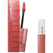 Uravas Store Maybelline New York Super Stay Vinyl Ink Uzun Süre Kalıcı Likit Parlak Ruj 15 Peachy & Mini Super Stay Matte Ink Likit Mat Ruj 65 Seductress Makyaj Seti