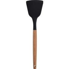 Uravas Store Ahşap Saplı Silikon Mutfak Servis ve Hazırlama Açılı Spatula, Siyah, 1 Adet