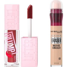 Uravas Store Maybelline New York Lifter Plump Dudak Parlatıcısı- 006 Hot Chili & Instant Anti Age Eraser Kapatıcı, 01 Light, 6.8 ml Makyaj Seti