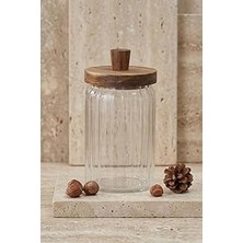 Uravas Store Atbyhome Ahşap Kapaklı Borosilikat Cam Saklama Kabı 700 ml - Oluklu Cam Kavanoz