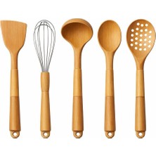 Uravas Store Silikon Mutfak Pişirme Gereçleri Seti, 5 Parça Yapışmaz Mutfak Gereçleri Seti Ahşap Saplı Spatula Seti Isıya Dayanıklı Silikon Tencere Mutfak Gereçleri (Açık Kahverengi)