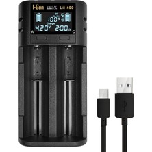 Uravas Store I-Gen Batteries LII-400 Akıllı Li-Ion Pil Şarj Cihazı, Type-C Girişli, LCD Ekranlı, 2 Slot Şarj, Li-Ion & Ni-Mh Uyumlu (18650/21700 / Aa/aaa)