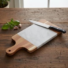 Akasya Mermer Sunumluk 33X13 cm - Doğal Ahşap ve Beyaz Mermer Detaylı Peynir, Şarküteri ve Kahvaltı Sunum Tahtası