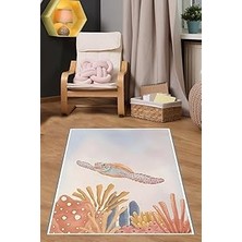 Uravas Store Pelangi Denizaltı Caretta Caretta Kaplumbağa Yıkanabilir Kaymaz Taban Leke Tutmaz Çocuk Odası Halısı, Mavi-Turuncu 160 x 300