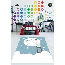 Uravas Store Pelangi Sweet Dream Yazılı Ay Yıldız Temalı Yıkanabilir Kaymaz Taban Leke Tutmaz Çocuk Odası Halısı, Mavi-Pembe-Beyaz 100 x 150