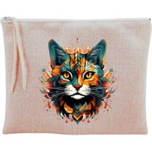 Uravas Store Lili Hediyelik Alevli Kedi Baskılı Makyaj Çantası Bej, LH7893264890123612412